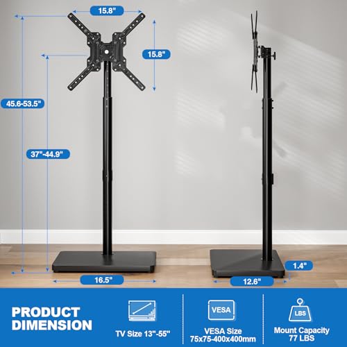 HOLMAXD Swivel/Tilt Universal Floor TV Stand with Mount for 13-55 Inch TVs or Monitors, Height Adjustable Tall TV Stand with Sturdy Wooden Base Hold up to 77 lbs, Max VESA 400x400mm, Black