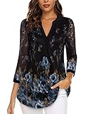 Timeson V Neck Blouses for Women Dressy Casual,Sping Fall Tunic Tops for Women Loose Fit Polyester Professional Business 3/4 Sleeve Shirts Ladies Sheer Layers Office Work Clothes Black Blue Medium