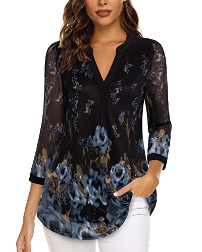 Image of Timeson Women's Short Sleeve V Neck Blouses Shirts Floral Double Layers Mesh Tunics Tops
