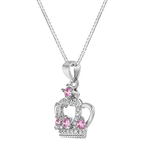 925 Sterling Silver Pretty Pink & Clear Cubic Zirconia Crown Princess Necklace For Girls - Lovely Little Crown Princess Pendant Necklaces For Children & Preteen - Cute Tiara Cz Jewelry For Young Girls #TOP1