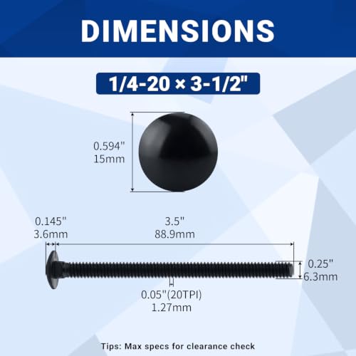 Image of 1 /4-20 x 3-1 /2 inch Black Carriage Bolts with Nuts and Washers Kits (10 Sets), 304 Stainless Steel 18 /8, Black Finish, Round Head, Square Neck, Heavy Duty Bolts, Indoor Outdoor Fastening Bolts, Fayeploo