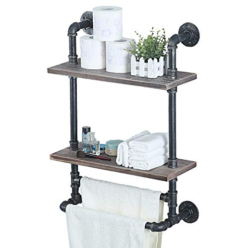 2 Tier Industrial Pipe Bathroom Shelves Wall Mounted,Towel Rack with 2 Towel Bar,19.7in Rustic Wall Decor Farmhouse,Metal Floating Shelves Towel Holder,Wall Shelf Over Toilet