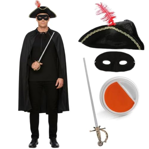 I LOVE FANCY DRESS Disfarce de bandido de gato para adultos, chapéu de tricórnio preto, capa preta, máscara de olhos, espada falsa e pintura facial laranja e branca, disfarce de filme de televisão