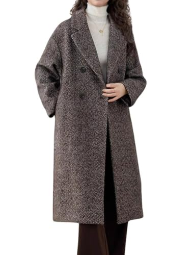 chouyatou Women's Winter Herringbone Stripe Long Wool Coat Double Breasted Dressy Casual Trench Coat Overcoat