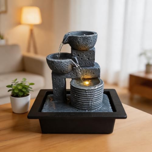 Indoor Water Fountain,No-Splash Design, 10.6" Soothing Sound Machine with Relaxing Light & Ultra-Quiet Pump, Small Indoor Waterfall for Home Office, Relaxation & Meditation,Zen Decor for Office