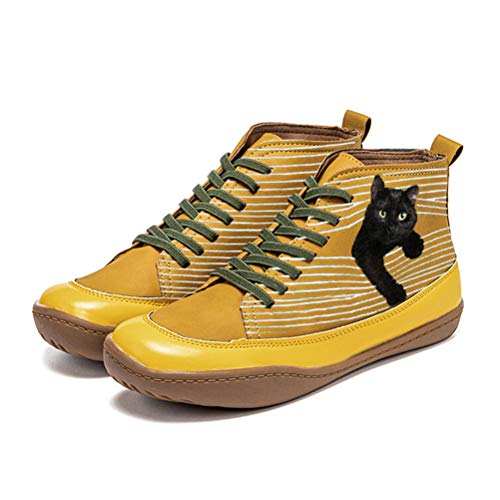 ORANDESIGNE Botas con Cordones con Estampado de Gato de Dibujos Animados en 3D para Mujer Zapatos Altos con Cordones y Estampado Animal Suave Amarillo 39 EU