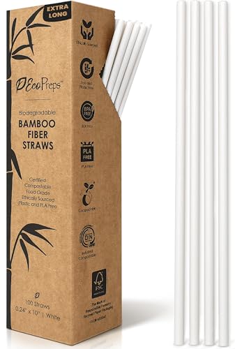 EcoPreps 10 Biodegradable Bamboo Fiber Straws Extra-Long Straw | 100 Count 100% Compostable Plastic-Free Eco-Friendly Drinking Straw | Plant Fiber Party Jumbo Disposable Straws 10 Inches Tall