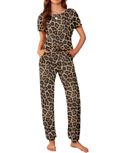 Image of Ekouaer Womens Pajama Sets Short Sleeve Lounge Sets for Women Printed Jogger Pajama Set 2 Piece Pj Sets With Pockets S-XXL