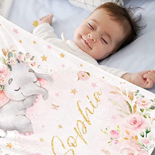 Image of Customized Baby Elephant Blanket with Name for Girl Custom Newborn Blanket