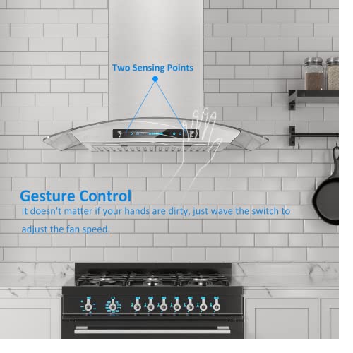 Iktch 36-Inch Wall Mount Range Hood Tempered Glass 900 Cfm, Kitchen Chimney Vent Stainless Steel With Gesture Sensing & Touch Control Switch Panel, 2 Pcs Adjustable Lights(Ikp03-36) #TOP2