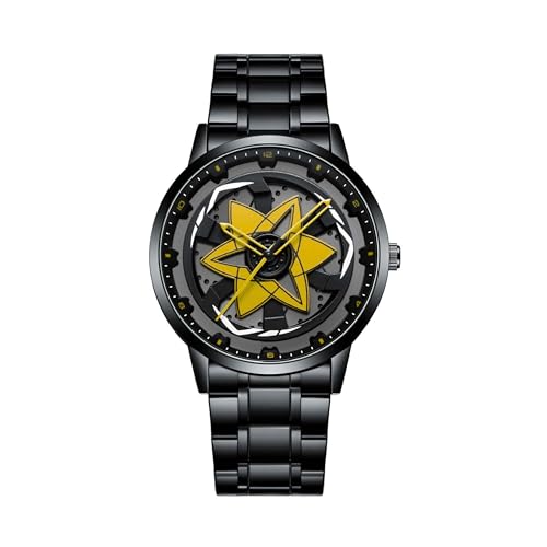 GOLDENIZE FASHION Branded Men's Sport Quartz Watch Ninja Wheel Dial 360 Rotating Casual Fashion Stainless Steel Alloy Mens & Boy's Luxury Metal Gift Creative Watch (Yellow)