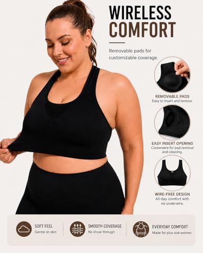Image of FANCMISTERY Plus Size Sports Bra for Women Racerback Wireless Padded Bra for Yoga, Hiking, Cycling