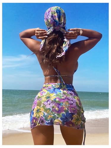 Image of RoseSeek Women's 4 Piece Polka Dots Bathing Suits Cover Up Skirt & Bandana
