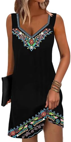 Image of SAUKOLE Summer Dresses for Women Casual Sleeveless Tank Dress Fashion V Neck Flowy Short Sundress