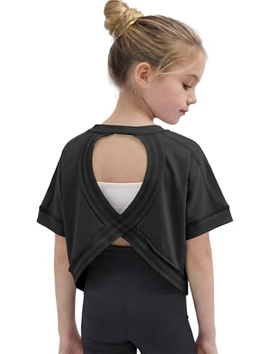 Wenlia Girls Athletic Shirts Short Sleeve Open Back Tops Active Sports Tshirts Quick Dry Workout Crop Tees Activewear Gray 7-8 Years 130