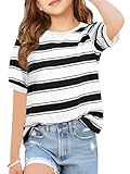 Haloumoning - Camiseta de manga corta con tirantes a rayas para niñas, camiseta casual de verano, con cuello redondo, Color blanco., 11-12 Years
