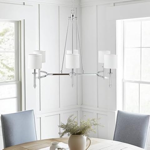 Hampton Hill 6-Light Chandelier for Bedroom Eleganza Farmhouse Inspired Bedford Collection, Curved Metal Frame, Height Adjustable Dining Room Chandelier, Easy Installation, 39.25" W, Chrome Cover