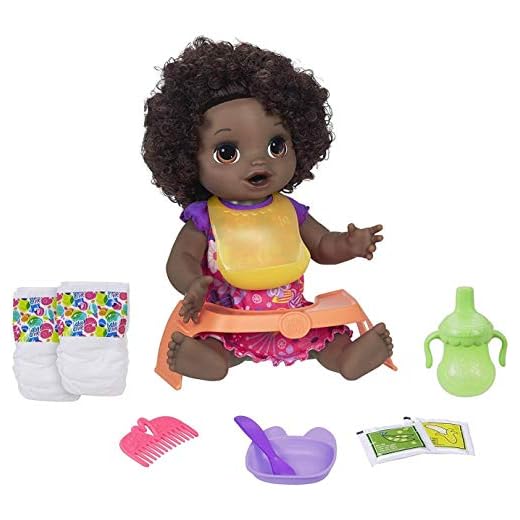 Baby Alive Happy Hungry Baby Black Curly Hair Doll, Makes 50+ Sounds & Phrases, Eats & Poops, Drinks & Wets, for Kids Age 3 & Up