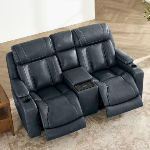 Image of Watson & Whitely Genuine Leather Reclining Sofa Loveseat with Console, Blue