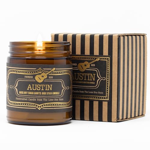 Jackson Vaughn Scented Texas Candle, Austin - Scents of Patchouli, Prairie Grass, Mexican Amber - 9oz Jar - 40 Hour Burn Time