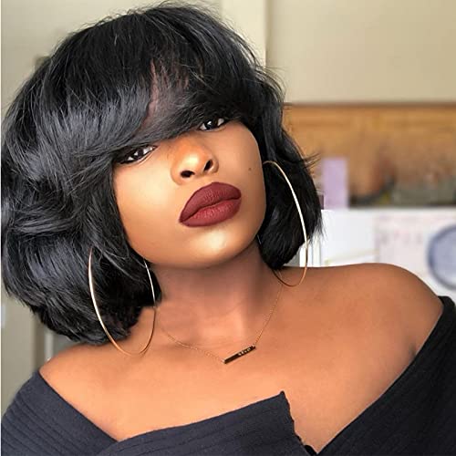 Short Wave Wig with Bangs Human Hair For Women Scalp Base Top Full Machine Made Wig With Bangs Remy Brazilian Wave Wig 200% Density Natural Color 10Inch