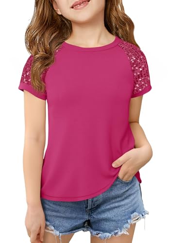 Image of Haloumoning Girls Sequin Short Sleeve T Shirts Kids Summer Crewneck Tops Fashion Tees 5-14 Years