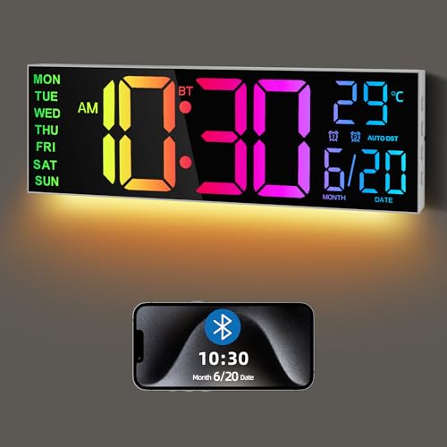 Maxstar 16.2'' Large Digital Wall Clock with Bluetooth Auto Sync, Remote Control, Alarm, LED Display, RGB Colors, Auto DST & Temperature for Classroom, Bedroom, Office, Garage-White