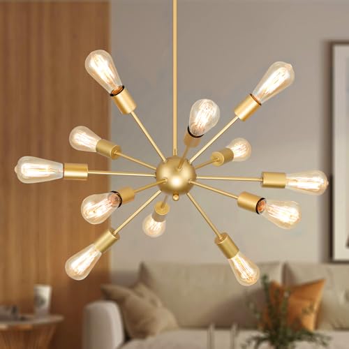 Gold Sputnik Chandelier, 12 Light Farmhouse Chandeliers for Dining Room