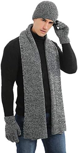 LAUSONS Hat Scarf Gloves Set for Mens 3 in 1 Winter Warm Fleece Lining Knitted Beanie Cap Slouchy Long Scarf and Touch Screen Gloves Unisex Sets For Daily Use Outdoor Sports