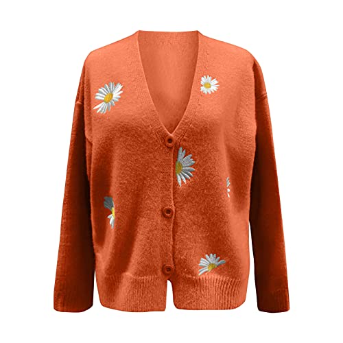 HULKAY Women's Floral Print Long Sleeve V-Neck Sweaters Button Down Ribbed Cuffs Knit Cropped Cardigan Sweater Orange - Image 3