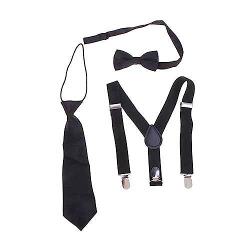 3Pcs Suspenders Set with Bow Tie and Necktie Solid Color Elastic Strap Braces for Boys and Comfortable and Stylish Accessories for Formal Occasions