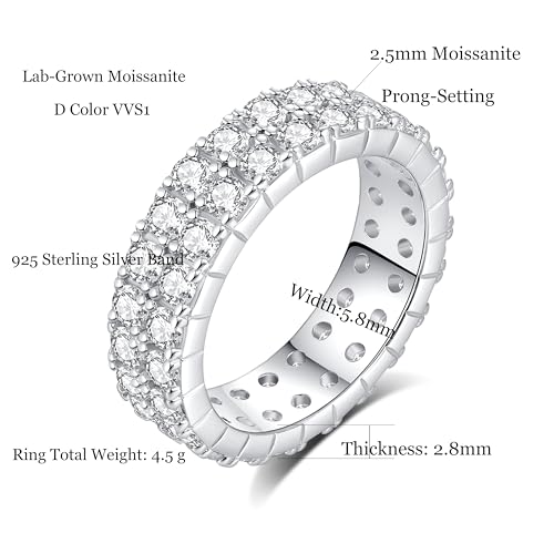 1.7 CTTW Moissanite Wedding Band Ring, 6mm Double Row Eternity Promise Ring for Women, D Color VVS1 Clarity Round Brilliant Moissanite Rings 925 Sterling Silver, Anniversary and Bridal Gift, All Size3