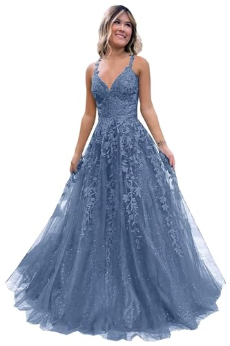Frauen Spitze Applikation Abschlussball Kleider Langer Tüll Brautjungfernkleid A Linie V-Ausschnitt Formale Partyballkleider mit Schlitz Dusty Blue L