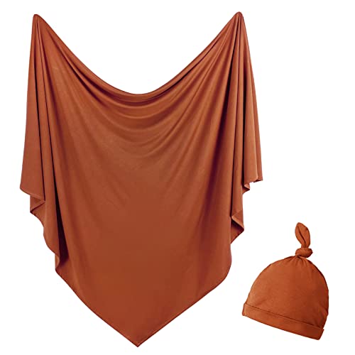 OWLOWLA Newborn Swaddle Set Stretch Wrap Swaddle Receiving Blanket for Baby Boy Girl(Baked Clay)