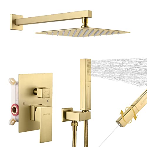 Vanfoxle Shower System Brushed Gold 10 Inches Bathroom Luxury Rain Mixer Shower Combo Set Wall Mounted Rainfall Shower Head System Shower Faucet Rough-In Valve Body And Trim Included #TOP3