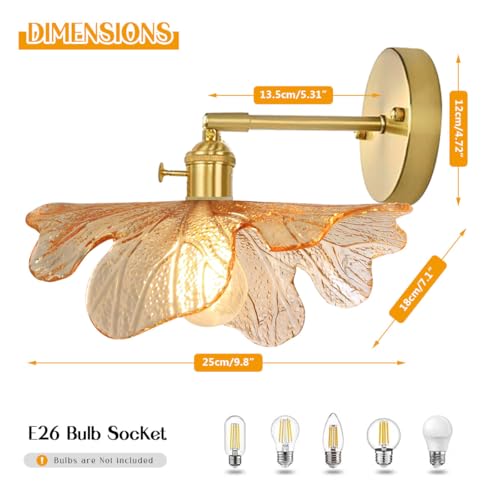 Image of Amber Glass Wall Sconce 2-Light Bathroom Vanity Lights with Flower Glass Shade Gold Brass Wall Sconce Vintage Mid Century Vanity Wall Light for Over Mirror Farmhouse Bedroom Doorway