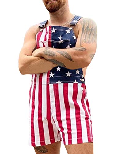 Somthron Unisex Womens Mens American Us Flag Print Denim Overall Bibs Shorts Patriotic Striped Blue Star July 4 Jumpsuits（Re-2Xl） #TOP4