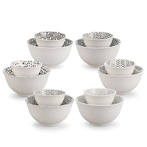 12-Piece Bowl SetTextured Print Large and Small Size Bowls for Cereal Salad Soup Ramen Dessert Rice Noodle Pasta Miso Soup Condiment Snack