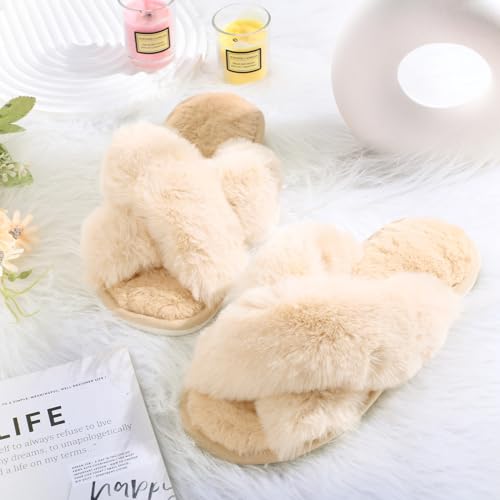 Image of 12 Pairs Women's Fuzzy Slippers Cross Band Open Toe Bridesmaid Fluffy Comfy House Slippers for Indoor Outdoor Wedding