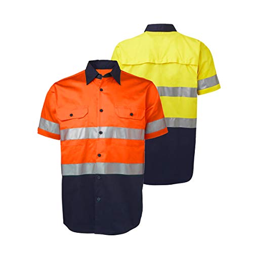 LANTERN FISH Hi Vis Work Cotton Shirt with Reflective Tape,Men Workwear Uniform Clothing 2XL Orange/Navy