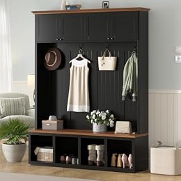 Merax Wood Rustic 59''W Hall Tree Entryway Bench with 4 Hooks and Cabinets, Farmhouse Mudroom Versatile Coat Racks with Shoe Storage Bench, Entrance Organizer for Hallway, Living Room Black