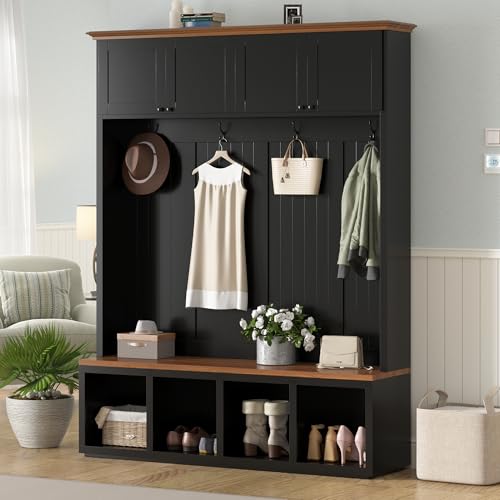 Merax Wood Rustic 59''W Hall Tree Entryway Bench with 4 Hooks and Cabinets, Farmhouse Mudroom Versatile Coat Racks with Shoe Storage Bench, Entrance Organizer for Hallway, Living Room Black by Merax - Used condition - US$309.79