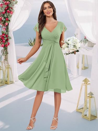 AUMEELAM Chiffon Short Bridesmaid Dress for Women V-Neck Short Ruffled Sleeves Formal Evening Dresses3