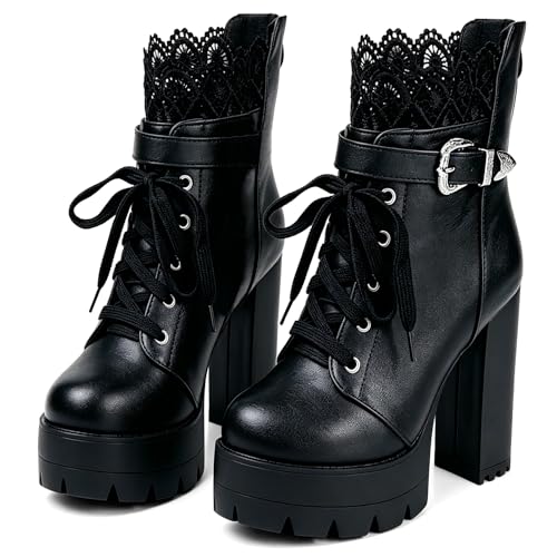 MEOTINA High Heel Boots Platform Heeled Boot for Women Sexy Buckle Black Chunky Goth Shoes Lace Up Combat Booties with Heels Zipper