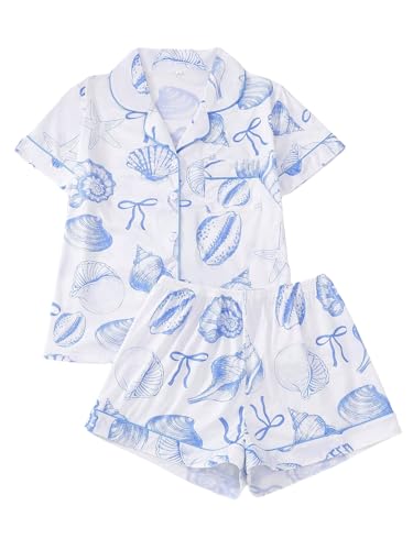 FUVYKOL Womens 2 Piece Graphic Ocean Print Pajama Sets Starfish Shell Sleepwear Short Sleeve Nightwear Soft Lounge Sets M