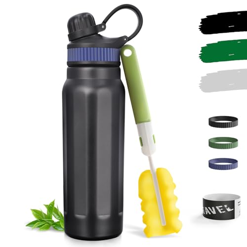 Botella Termica y Termo Agua Fria, Botella Agua Acero Inoxidable,Botellas de Agua de Fugas-500 ML/800 ML con Pajita, 3 Bandas de Silicona Intercambiables, Cantimplora Sin BPA para Viajes (800 ML)