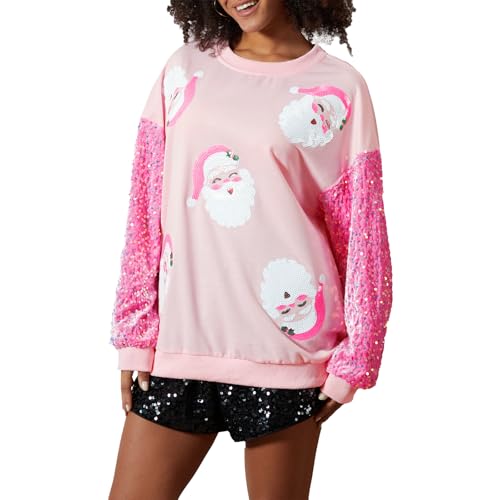 CocMouse Sweat-shirt de Noël à paillettes pour femme - Imprimé Père Noël - Manches longues - Col rond - Hauts de vacances surdimensionnés, rose, XL