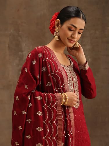 Image of Libas Maroon Embroidered Silk Blend Straight Kurta set for Women | ethnic wear | bridal suit | wedding dress | occasion wear