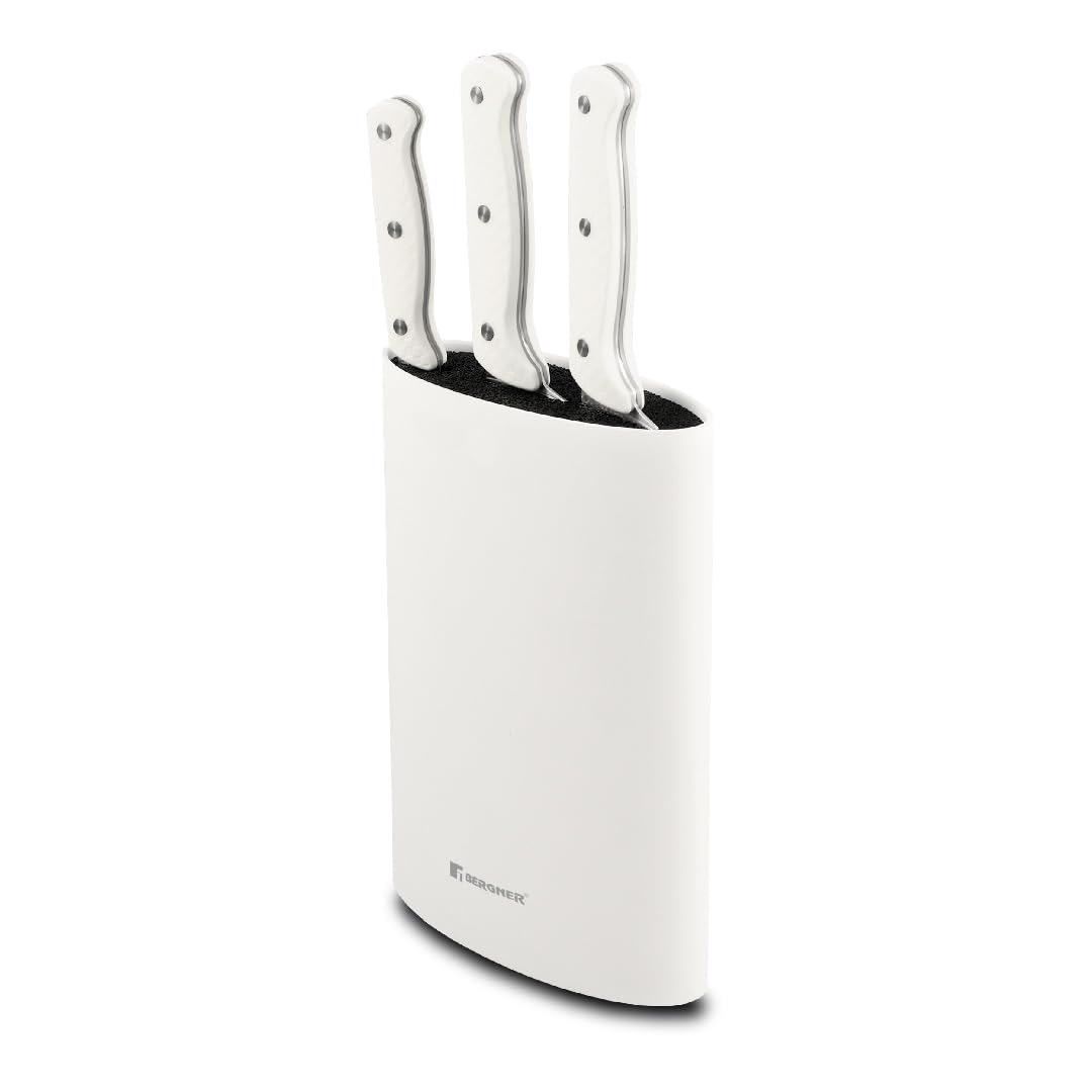 BERGNER NATURALLY - Set di 4 coltelli in acciaio inox - Chef 20 cm, Santoku 17,5 cm, Multitasking 12,5 cm - Protezione del blocco - Manico bianco soft touch - Consigliato il lavaggio a mano