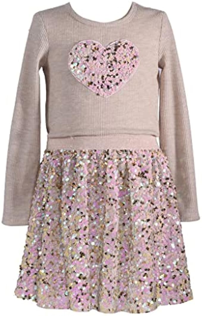 Bonnie Jean Girl's Valentine's Day Outfit - Pink Skirt and Sequin Heart Shirt Set for Little Girls